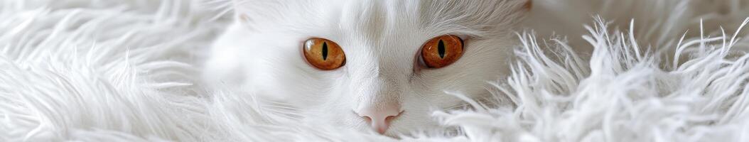 White cat with striking amber eyes resting on fluffy blanket photo
