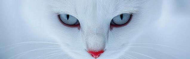 A close-up of a white cat with striking blue eyes and pink nose photo