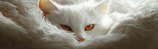 Fluffy white cat nestled in cozy fur blanket during warm afternoon photo