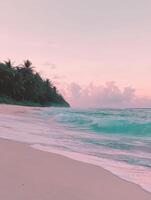 Tropical beach at dusk with gentle waves and palm trees in the background photo