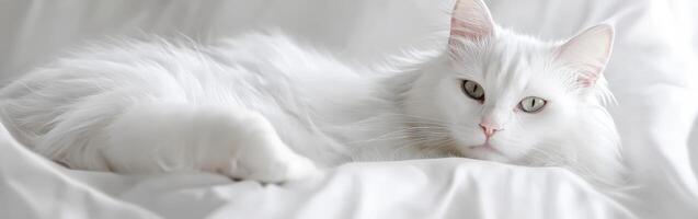 White cat lounging on soft white fabric in cozy indoor setting photo