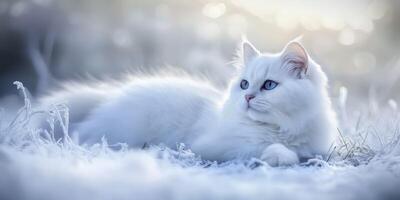 White cat resting on frosty ground in soft winter light during daytime photo