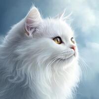 A serene white Persian cat gazes thoughtfully against a soft background photo
