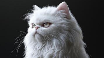 Fluffy white Persian cat posing against a dark background at home photo
