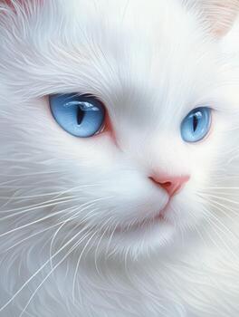 Soft white cat with striking blue eyes resting in a cozy setting photo