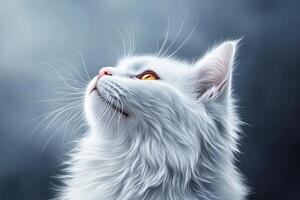 Fluffy white cat gazes upwards with striking orange eyes in nature photo