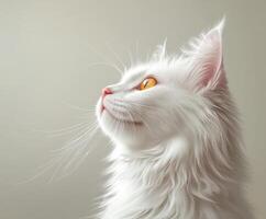 White cat with striking orange eyes gazing thoughtfully indoors photo