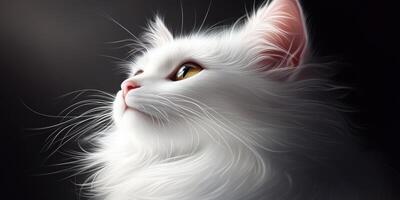 Fluffy white cat gazing upwards in soft light during late afternoon photo