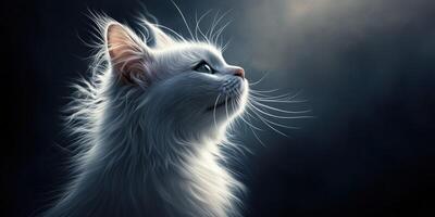 Fluffy white cat gazing thoughtfully into the distance in soft light photo