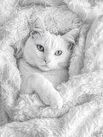 Fluffy white cat relaxing comfortably in a cozy blanket on a sunny day photo