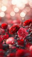 Vibrant red and pink roses bloom in a lush garden during springtime photo