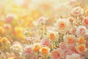 Soft pink roses bloom vibrantly in sunlight during a pleasant spring day photo