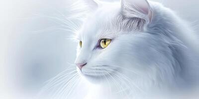 A serene white cat with striking yellow eyes against a soft background photo