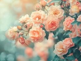 Peach roses blooming in a garden during a sunny afternoon photo