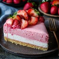 Delightful strawberry cheesecake slice served on a rustic plate photo