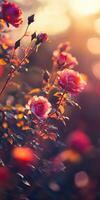 Beautiful pink roses blooming in a garden at sunset in springtime photo