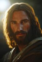 Portrait of Jesus Christ during a serene moment in nature photo