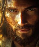 Close-up of Jesus Christ's serene gaze in natural light at dawn photo