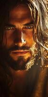 Jesus Christ portrait showcasing deep expression and intense gaze photo