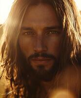 Portrait of Jesus Christ during golden hour with glowing sunlight photo