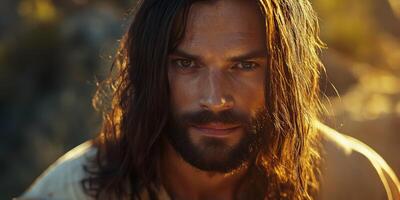 Jesus Christ gazes thoughtfully while surrounded by nature at sunset photo