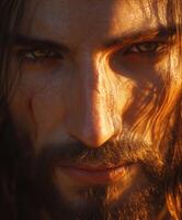 Jesus Christ depicted with intense expression and soft lighting at sunset photo
