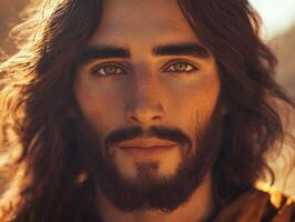 Jesus Christ in serene reflection during a warm sunset in the hills photo