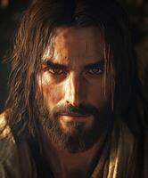 Jesus Christ portrayed with deep expression in a dramatic lighting setting photo