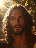 Portrait of Jesus Christ in natural light surrounded by greenery photo