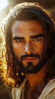 Jesus Christ gazes thoughtfully during a serene sunset in nature photo