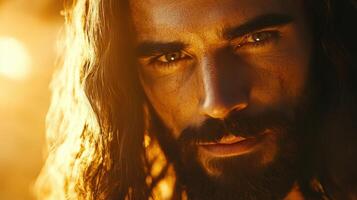Portrait of Jesus Christ with intense gaze illuminated by warm sunlight photo
