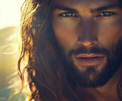 Jesus Christ in a serene moment, softly illuminated by sunlight photo