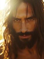 Jesus Christ portrayed with a serene expression in golden sunlight photo