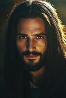 Portrait of a man resembling Jesus Christ in warm, golden light photo
