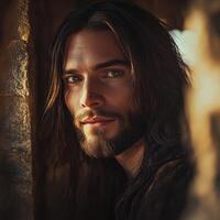 Jesus Christ gazes thoughtfully from the ancient stone structure at sunset photo
