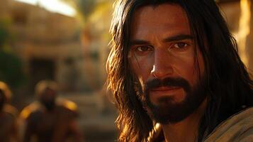 Jesus Christ speaks to his followers in a serene Middle Eastern setting photo