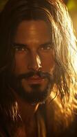 Close-up of Jesus Christ with flowing hair during a serene evening light photo