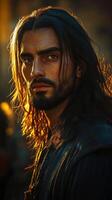 Jesus Christ portrayed in historical attire with natural lighting at dusk photo