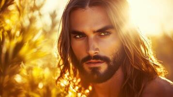 Jesus Christ surrounded by golden sunlight in a serene natural setting photo