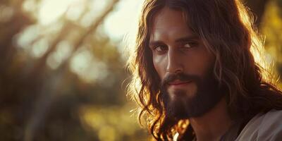 Jesus in a tranquil landscape with warm afternoon sunlight photo