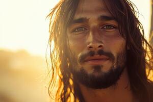 Portrait of Jesus Christ with sunlight at dawn showcasing serene expression photo