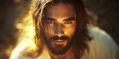 Jesus Christ with long hair and beard in a serene outdoor setting at dusk photo