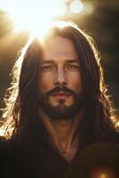 Jesus Christ in a sunlit setting with long hair and a beard during daytime photo