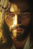 Portrait of Jesus Christ with sunlight illuminating his face photo