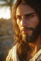 Jesus Christ in a serene moment with natural sunlight at dawn photo