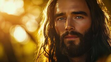 Reflective moment of Jesus Christ in warm sunlight during quiet meditation photo