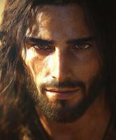 Portrait of Jesus Christ with intense gaze bathed in warm light photo