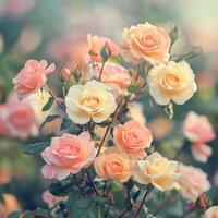Beautiful blooming roses with soft pastel colors in a sunny garden photo