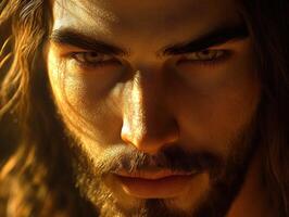 A close-up portrait of Jesus Christ with piercing eyes in a serene setting photo