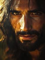 un de cerca de Jesús Cristo exhibiendo intenso expresión y luz de sol foto
